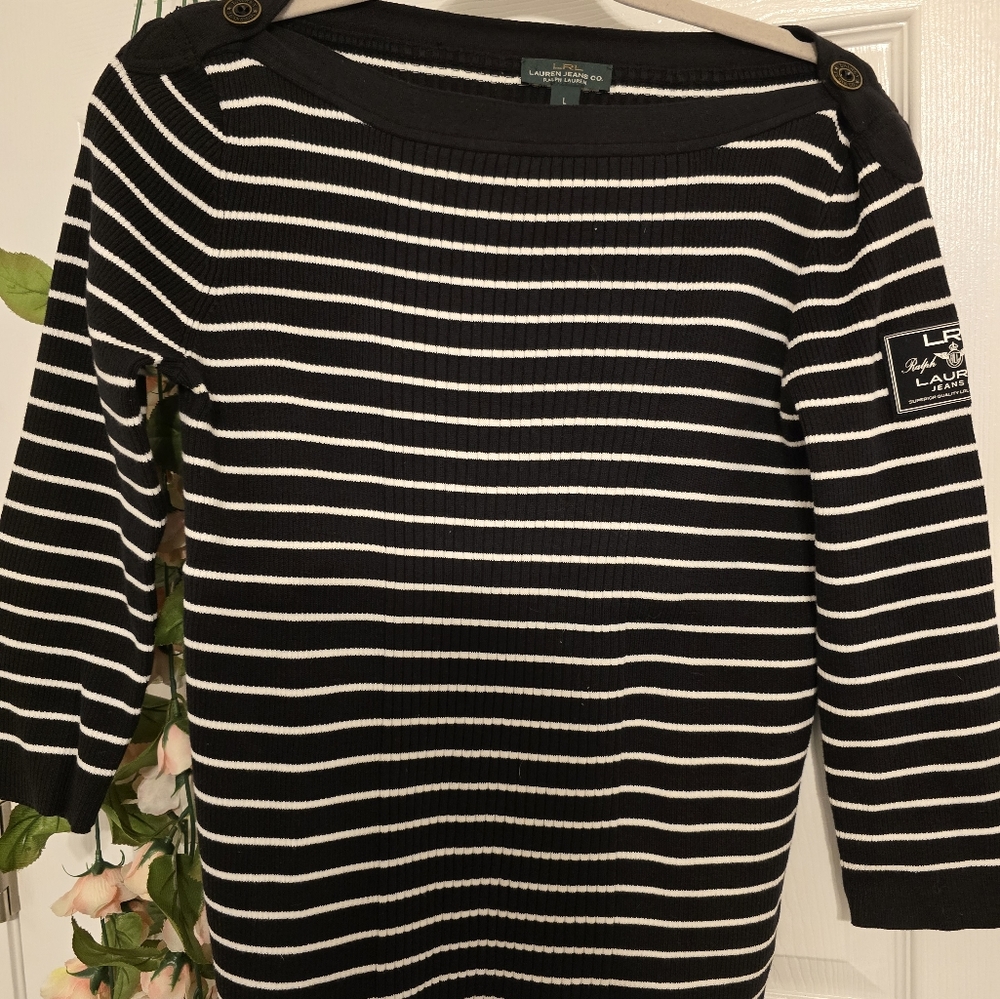 LRL Lauren Jeans CO. Ralph Lauren Striped Black Sweater Womens Size L